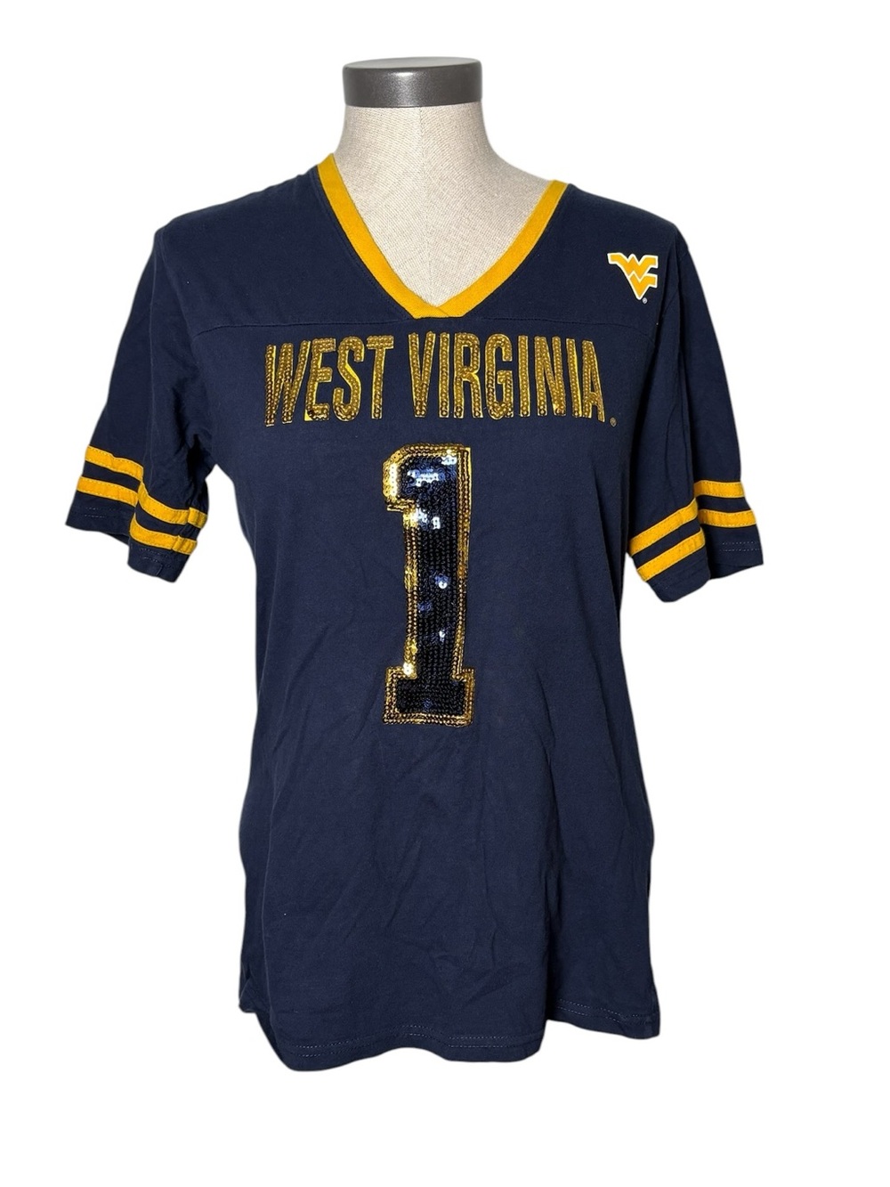 Campus Heritage WVU West Virginia Sequin Football V-Neck Tee XL